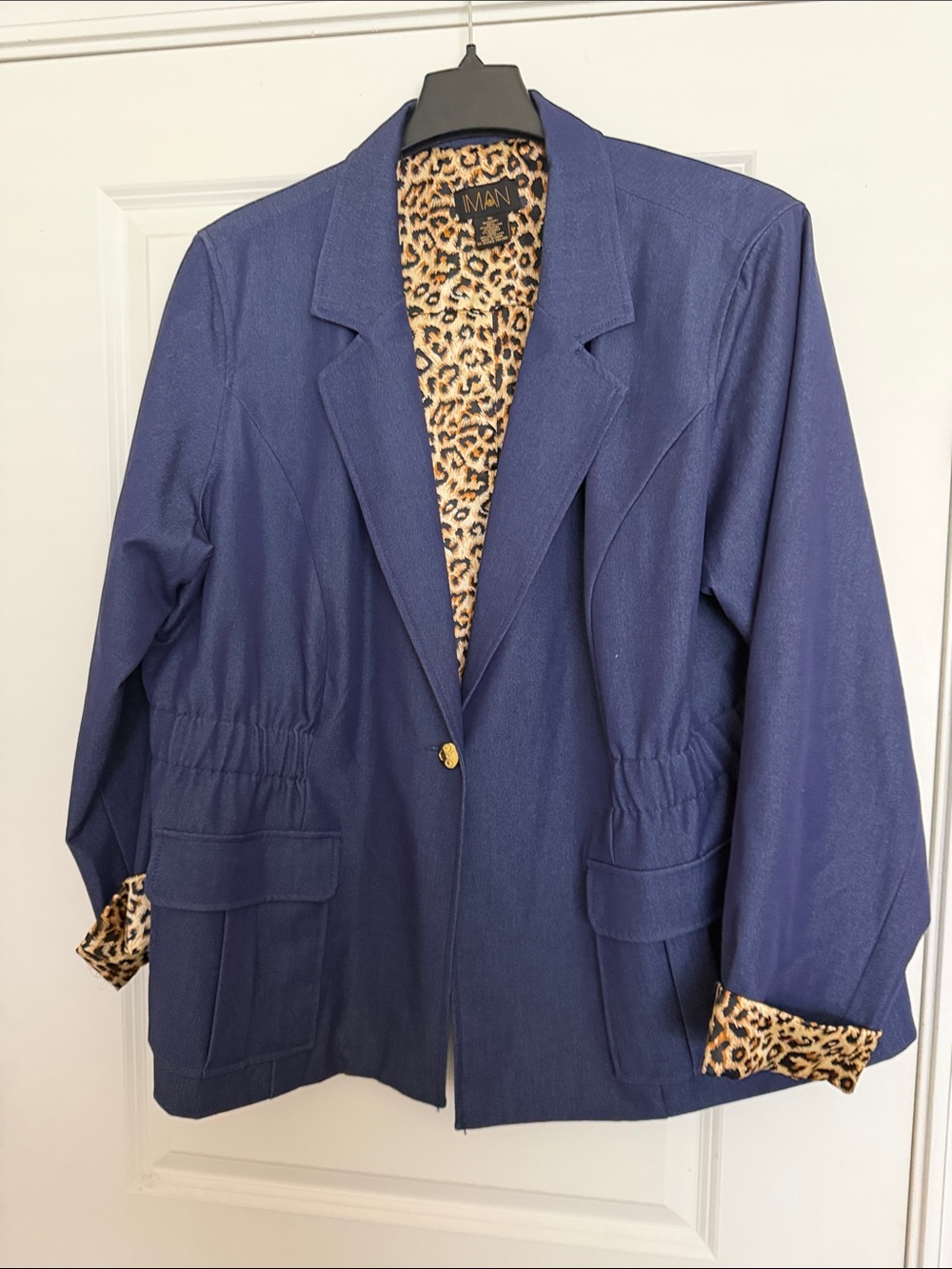 IMAN Navy Blazer with Leopard-Print Lining